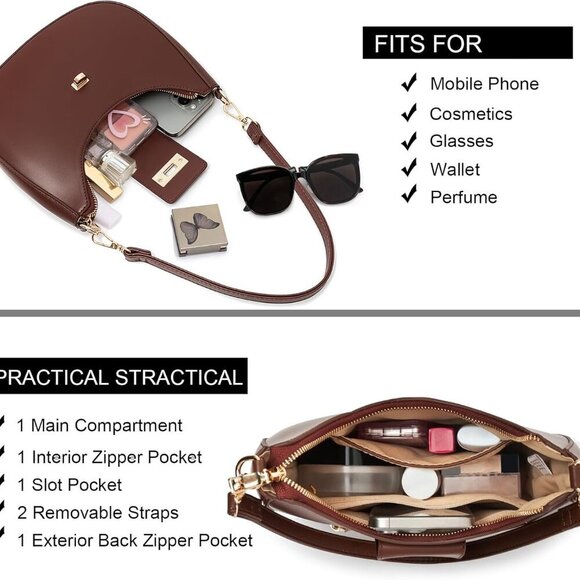 Brown vegan leather shoulder bag with multiple styles, 9.8x5.5x2.5 inches - Picture 5 of 7